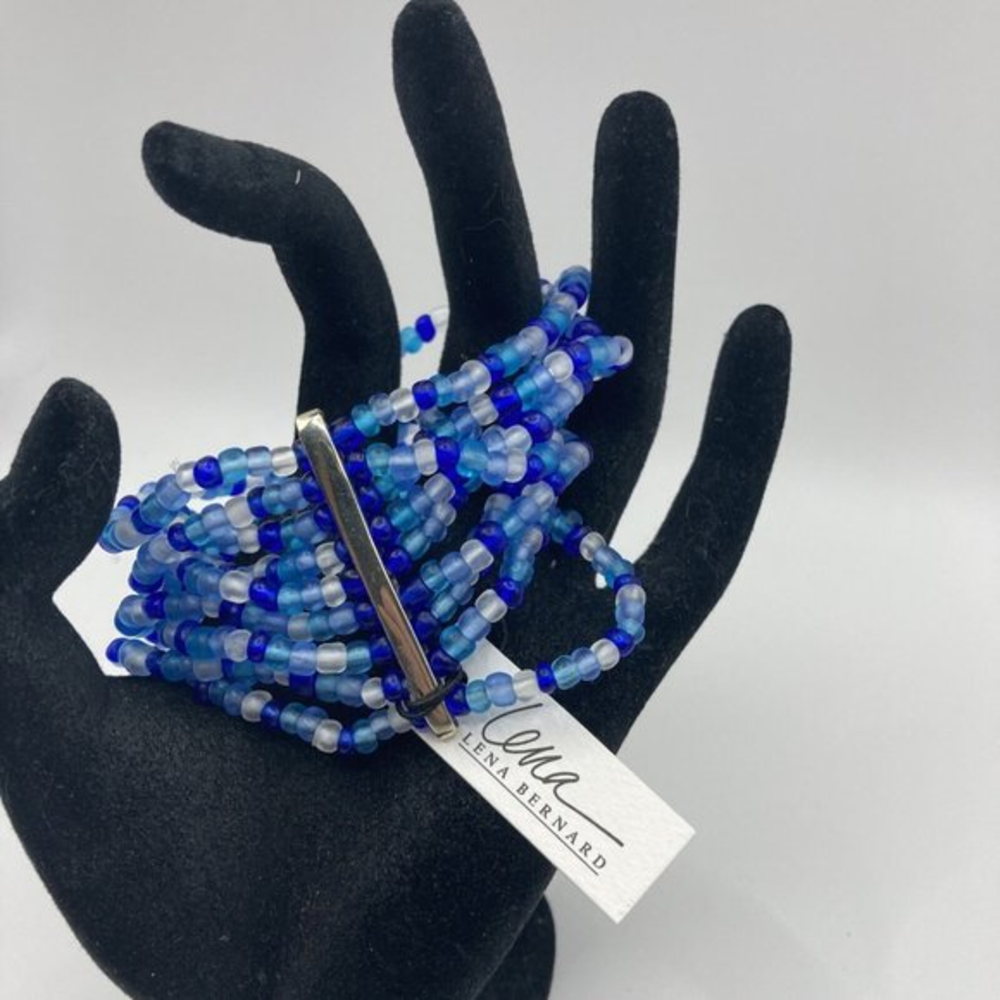 Lena Bernard Free People Multi Strand Blue Bead Stretch Silver Tone Bracelet NWT
